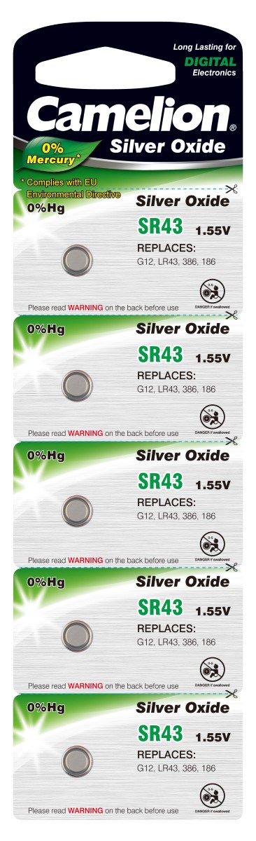 Ersatz-Camelion Batterie für Uhren,Taschenrechner SR43 / G12 / 386 / LR43 / 186 5er Blister